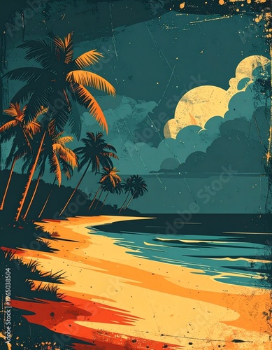 Vintage-inspired illustration of a serene tropical beach at twilight, featuring silhouetted palm trees under a cloudy moonlit sky, evoking peaceful island escapism and old-school charm