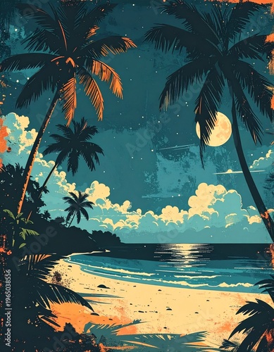 Enchanting Tropical Night Landscape with Radiant Moonlit Ocean. Silhouetted Palm Trees Frame a Serene Sandy Beach Under a Star-Filled Sky, Evoking Tranquility and Exotic Beauty
