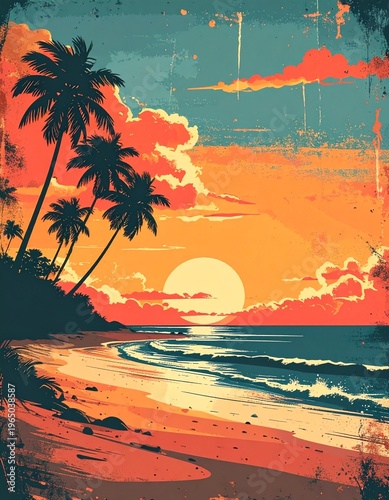 Tropical beach sunset with palm trees and ocean waves, vintage travel poster art
