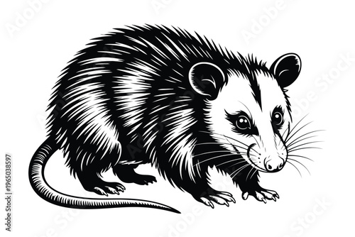 Black and white of a detailed opossum with spiky fur and long tail