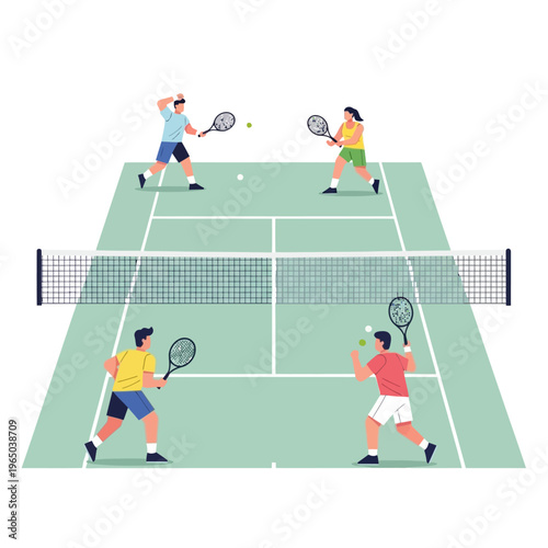Doubles Tennis Match Illustration: Four Players on Court