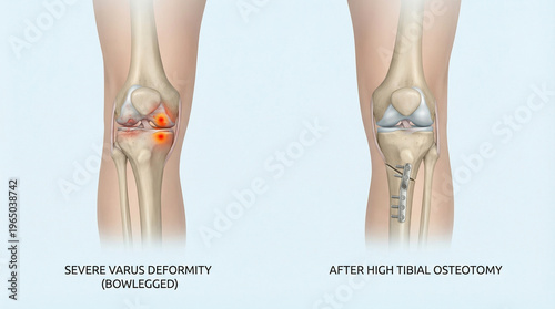 Severe Varus Deformity and High Tibial Osteotomy Correction 3D Illustration