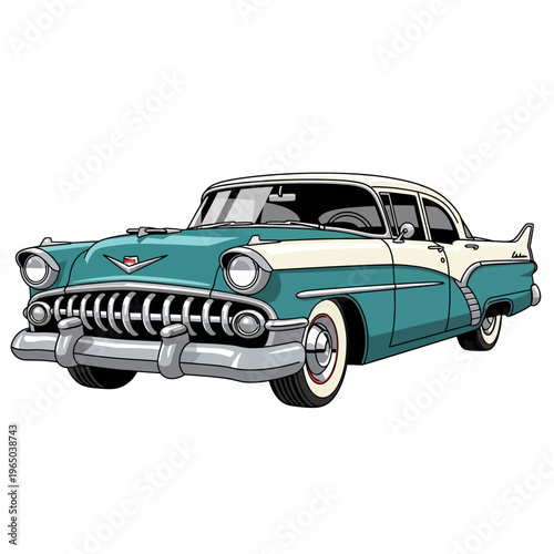 Vintage Teal and Cream Two-Tone Classic American Sedan Car