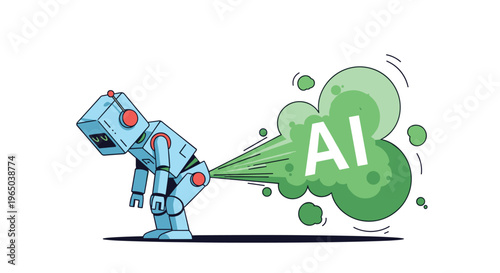 Satirical illustration of a blue robot bending forward while a green gas cloud labeled AI comes from its exhaust.