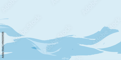 Abstract winter landscape vector featuring snow capped mountains and a blue icy ocean with waves and a jumping dolphin under a clear nature sky.
