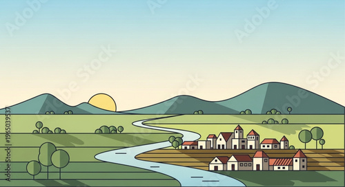 Village by a winding river.