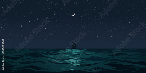 Night Ocean Scene with Crescent Moon and Starry Sky Illustration