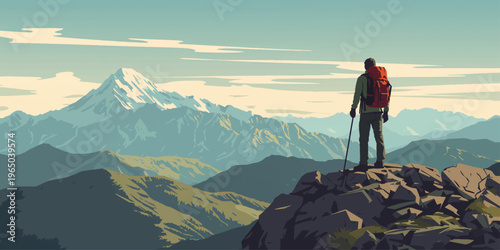 Hiker Standing on Mountain Peak Overlooking Scenic Valley Landscape