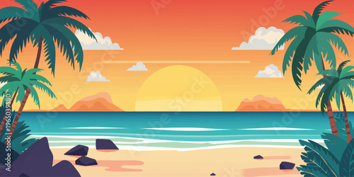 Tropical Beach Sunrise with Palm Trees and Ocean Waves Illustration   
