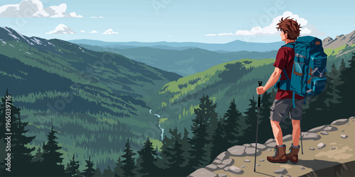 Solo Hiker with Backpack Overlooking Mountain Valley Landscape