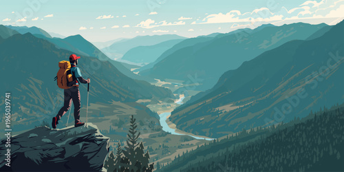 Hiker Standing on Cliff Overlooking Mountain River Valley Landscape