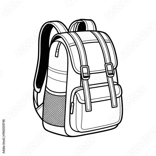 A backpack silhouette illustration with straps and buckles on a white background