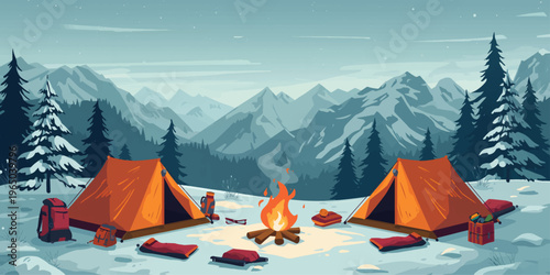 Winter Camping Scene with Tents and Campfire in Snowy Mountains