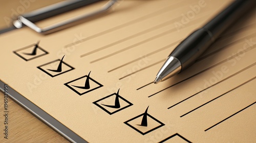 Wallpaper Mural Checklist with five checked boxes and a pen resting on a clipboard, symbolizing organization and task completion. Torontodigital.ca