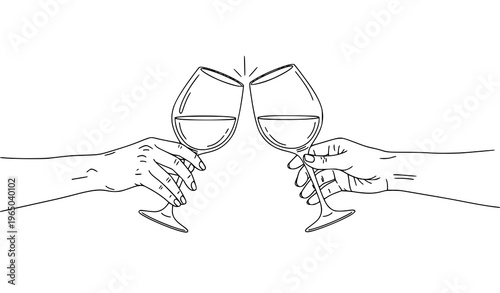 A minimalist line art illustration of two hands clinking wine glasses in a celebratory toast