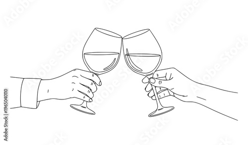 A minimalist line art illustration of two hands clinking wine glasses in a celebratory toast