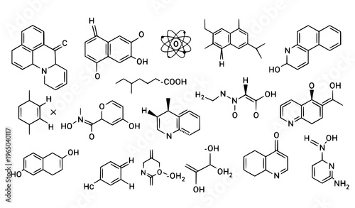 A vector graphic illustration of various molecular structures and chemical compounds in a flat design style