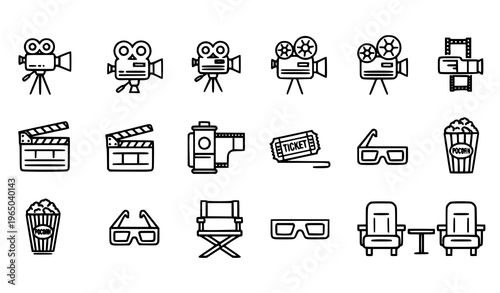 A set of black and white line art icons representing film and cinema concepts