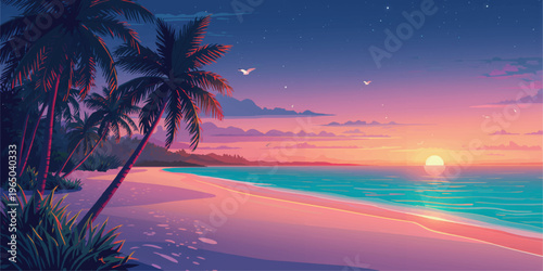Tropical Beach Sunset with Palm Trees and Ocean Waves Illustration