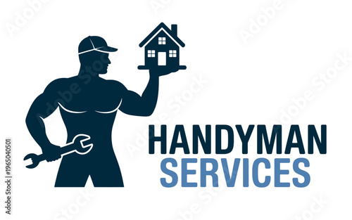 A logo for a handyman service company with a muscular man holding a house and a wrench