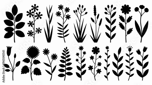 Black floral silhouettes on white background flower icons botanical illustrations