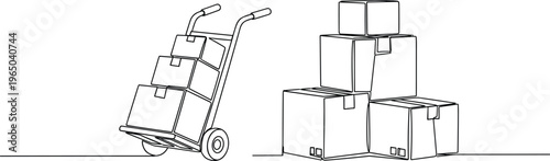 Moving boxes stacked on hand truck and floor, logistic and shipping concept.