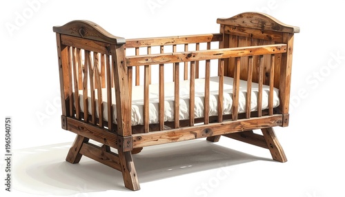A wooden baby crib with a mattress on a plain white background
