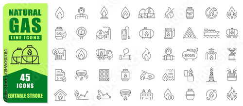 Natural Gas Line Icon Set Featuring Pipelines, Storage Tanks, Fuel Systems, And Energy Symbols. Clean Editable Stroke Design Perfect For Industry, Energy Projects, Web, Apps, And Infographics. Vector