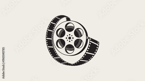 A vintage film reel with a strip of cinema film elegantly wrapped around its circumference, depicted in a classic black and white style, symbolizing movie production and media.