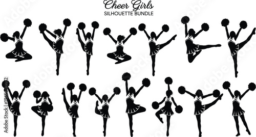 Silhouettes of cheerleaders performing dynamic poses with pom-poms.