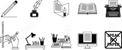 Collection of writing and education objects including pencils inkwells books and typewriter.