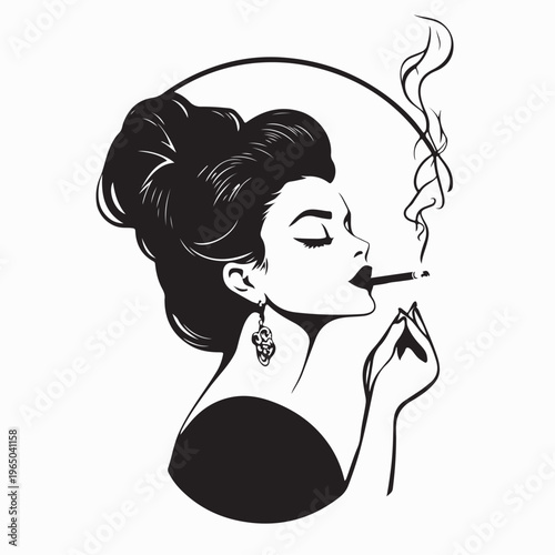 Elegant Luxury Woman Smoking Cigarette Simple Vector Illustration