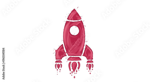 Red rocket ship launching with abstract watercolor splash effect on white background