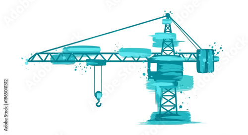 Construction Crane Illustration - Teal Watercolor Style