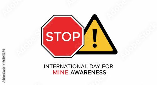 Graphic design for International Day for Mine Awareness with stop sign and warning triangle on white background.