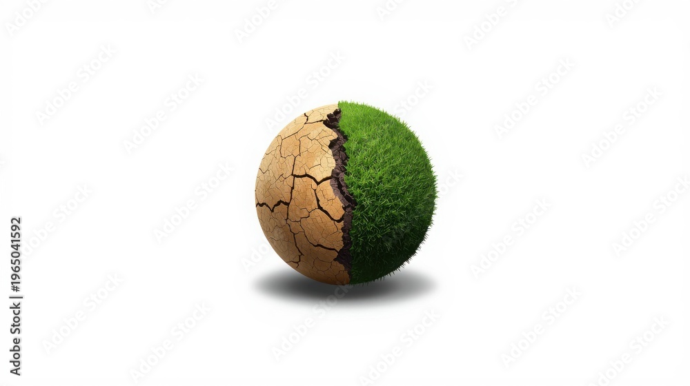 Fototapeta premium A striking visual metaphor depicting environmental balance and imbalance, showcasing a half-green, lush sphere of healthy grass contrasting sharply with a parched, cracked earth half, symbolizing crit