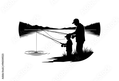 Father and Child Fishing Silhouette Vector Art