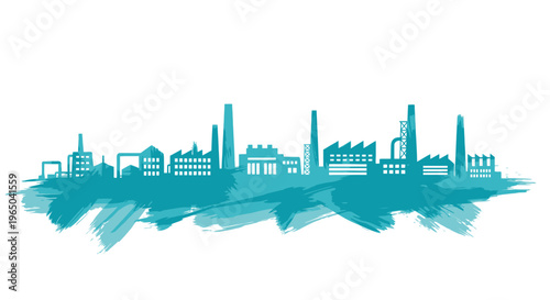 Industrial Cityscape Silhouette with Teal Brush Strokes
