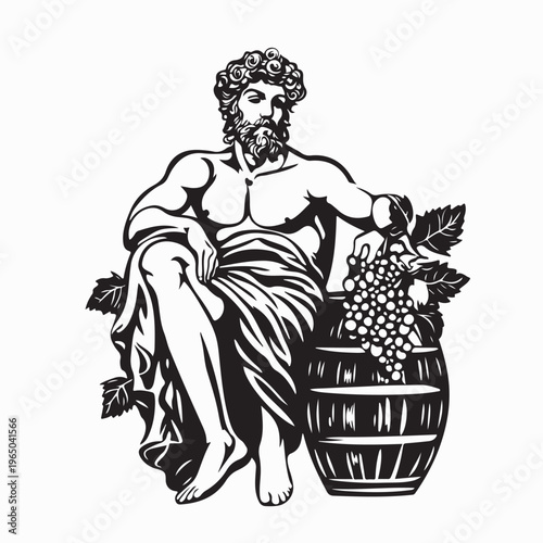 Mythological Bacchus Figure with Grapes and Wine Barrel Vector