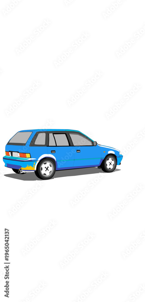 Naklejka premium Vintage city car illustration, blue five-door hatchback isolated on white, retro automotive design