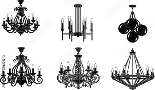 Set of elegant black and white chandelier vector icons featuring vintage, classic, modern, and luxury ceiling lamp silhouette designs for interior.