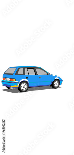 Vintage city car illustration, blue five-door hatchback isolated on white, retro automotive design