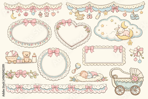 Hand drawn baby shower frames and borders. Vintage scallop trim for wedding or birthday cards decoration, whimsical coquette vector design set.icon