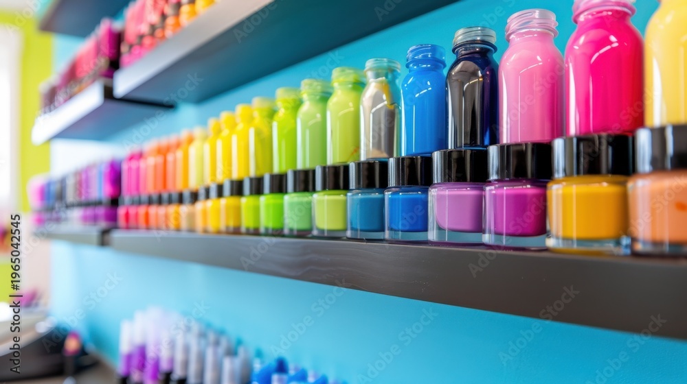 Fototapeta premium Colorful Bottles of Vibrant Nail Polish Displayed on Modern Shelves in a Trendy Beauty Salon Interior