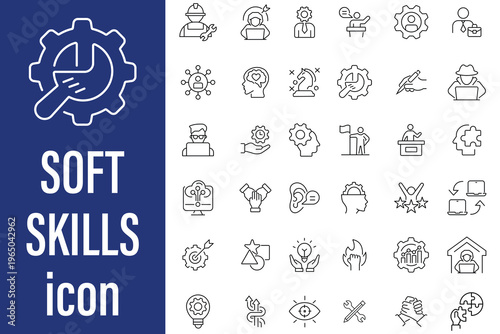 Outline icons related to soft skills. Problem solving, confidence, empathy, cooperation, patience flat icons. Soft skills line icon isolated on white background flat vector illustration. 