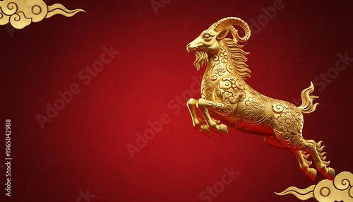 2027 new year with copy space for text, a dynamic pose against a vibrant red background. luxury red and gold chinese horse new year background, The goat is adorned with intricate golden patterns. 
