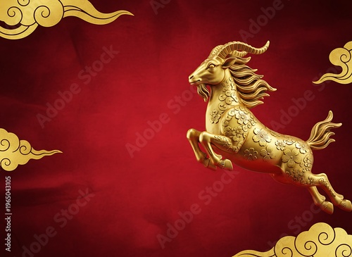 2027 new year with copy space for text, a dynamic pose against a vibrant red background. luxury red and gold chinese horse new year background, The goat is adorned with intricate golden patterns. 