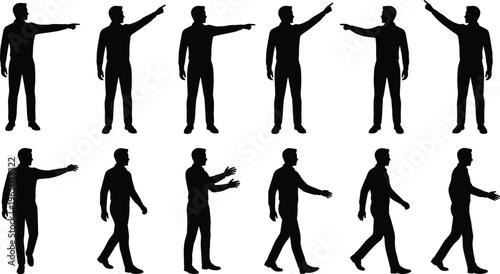 Set of male silhouettes standing and walking while pointing in different directions, featuring men in casual shirts and trousers, isolated.