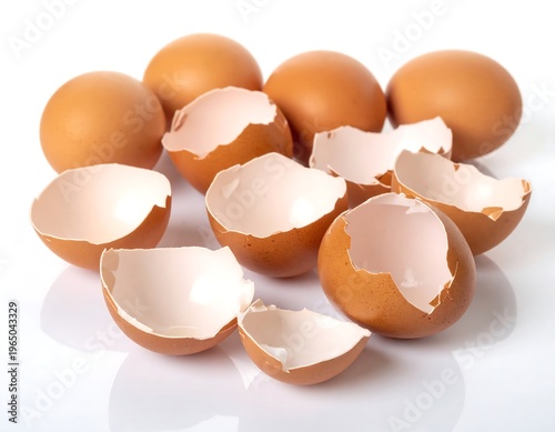 Broken and whole brown eggs on white surface