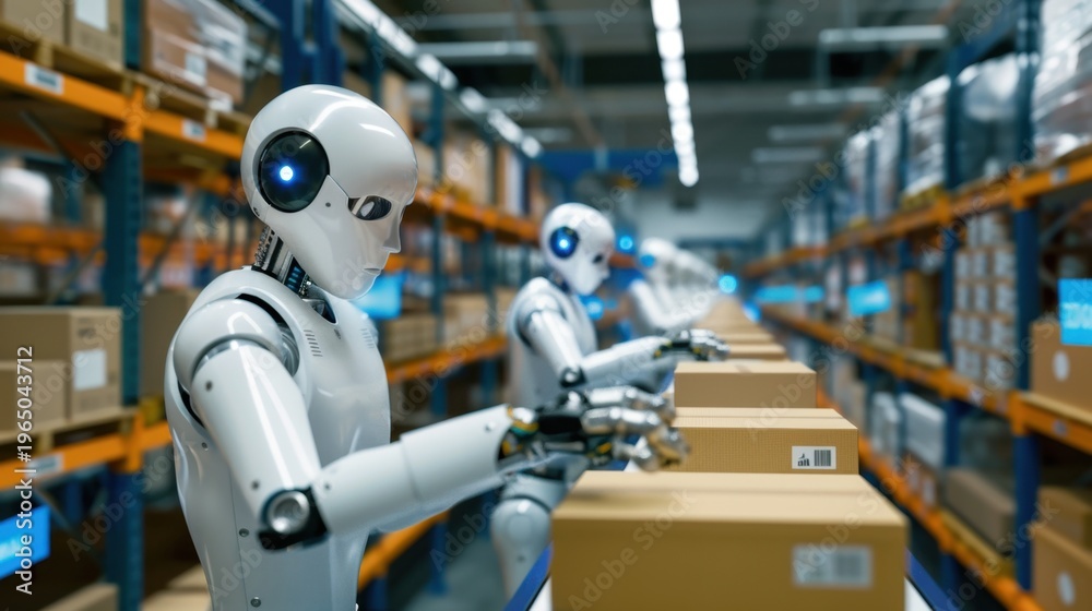 Fototapeta premium Advanced Robotic Automation in Warehouse Setting with Smart Technology and Efficient Packaging Processes